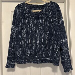 2017 Gap Women's Marled Navy Blue Wide Neck Tight Knit Sweater XL Fisherman